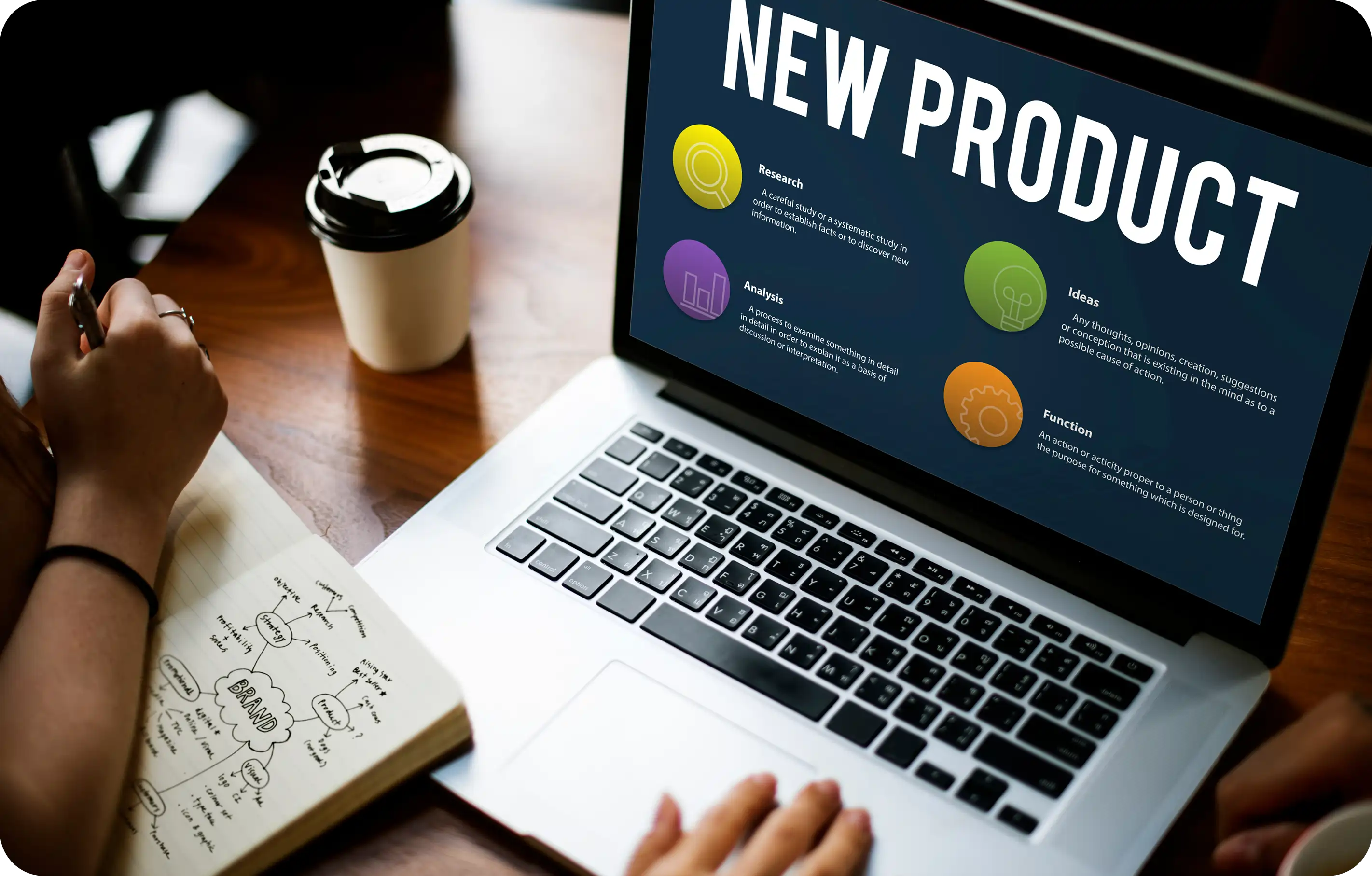 web app development agency team planning a new product on laptop with notes and ideas